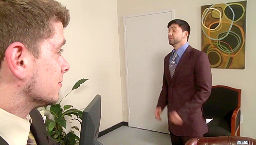 Hard Fuck Against the Desk – Ripping His Tight Dress Shirt Open – GayPornOffice